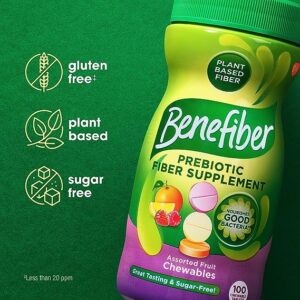 Benefiber Chewable Prebiotic Fiber Supplement Tablets for Digestive Health, Assorted Fruit Flavors - 100 Count