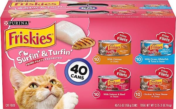 Purina Friskies Wet Cat Food Variety Pack, Surfin' & Turfin' Prime Filets Favorites - (40) 5.5 oz. Cans