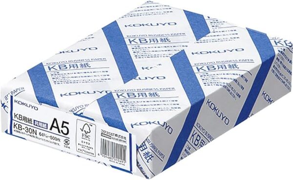 Kokuyo A5 KB Paper, Paper Thickness 0.09 mm, 64gsm, 80 Bright (ISO), 500 Sheets, FSC Certified, Japan Import (KB-30N)